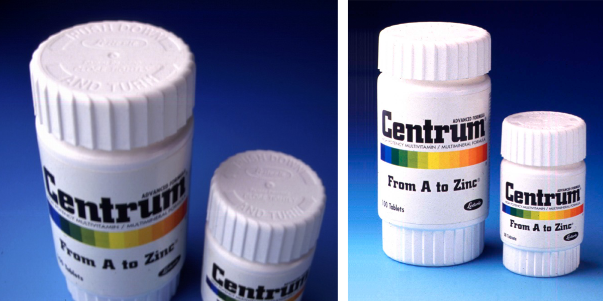 Two views of the Centrum child-safety cap